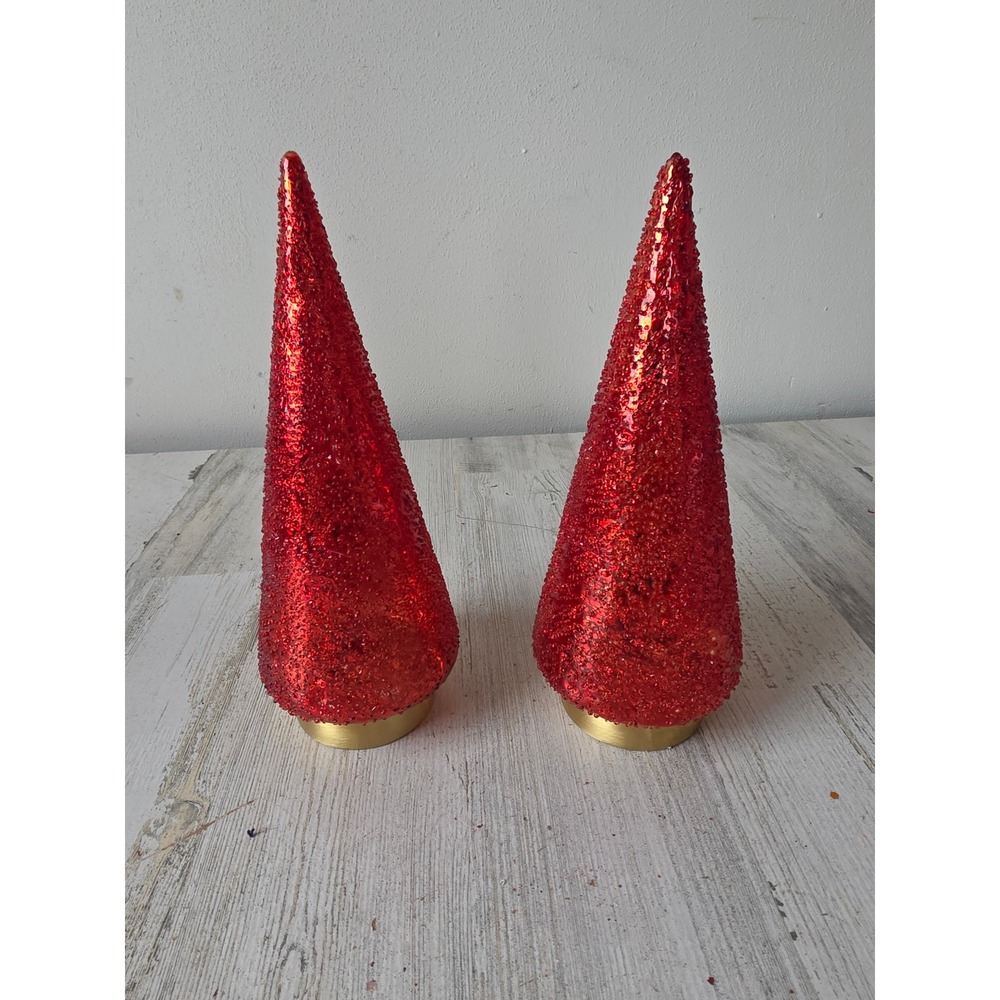 Glass beaded tree unique set Xmas Red Gold‎ decor village Xmas